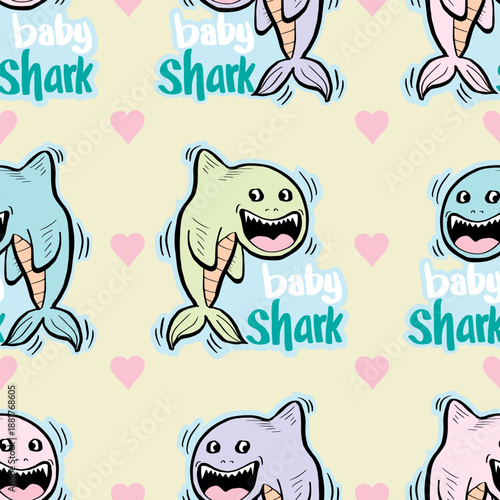 Seamless pattern with cute cartoon whales and hearts. Vector illustration for kids.