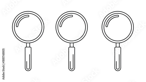 Identical black outline magnifying glasses arranged in a horizontal line search research