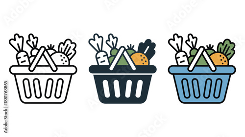 Shopping baskets filled with stylized vegetables and fruits in different styles groceries