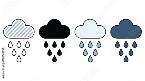 Stylized clouds with falling raindrops in various colors and patterns water weather