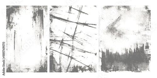 A collection of three grunge textures with distressed borders, scratches, and halftone shading