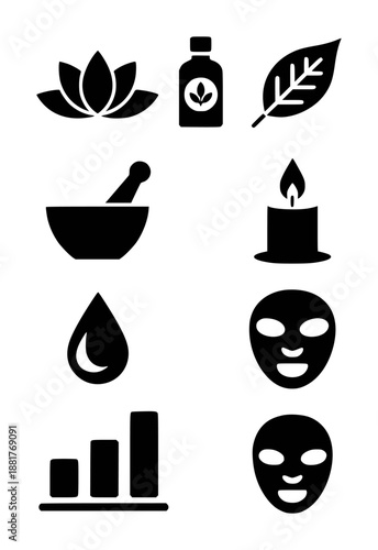 Black of lotus flower oil bottle leaf mortar candle water drop and face masks