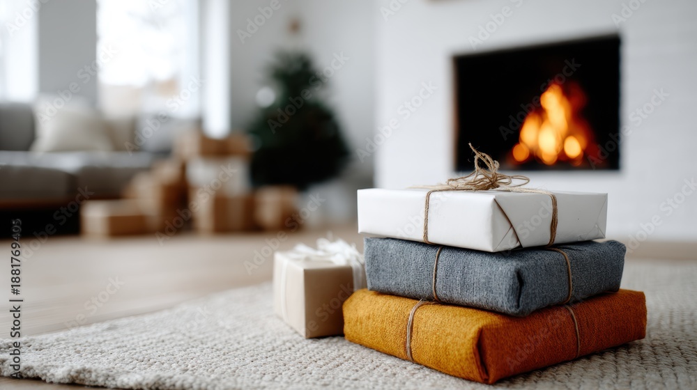 Fototapeta premium A cozy scene featuring beautifully wrapped Christmas presents neatly stacked by a glowing fireplace, evoking feelings of warmth, love, and anticipation during the holiday season.
