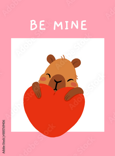 Vector flat illustration in a simple children's style on the theme of valentine's day. Cute capybaras with hearts and wings on white background. Love postcard for valentines day with capybara