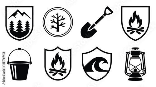 Collection of black and white outdoor adventure including mountains trees campfire shovel bucket wave and lantern