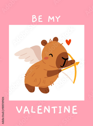 Vector flat illustration in a simple children's style on the theme of valentine's day. Cute capybaras with hearts and wings on white background. Love postcard for valentines day with capybara