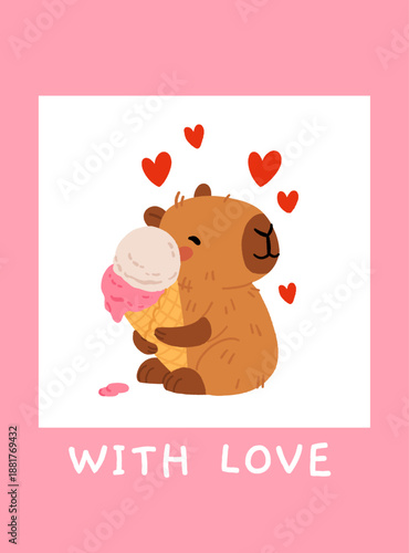 Vector flat illustration in a simple children's style on the theme of valentine's day. Cute capybaras with hearts and wings on white background. Love postcard for valentines day with capybara