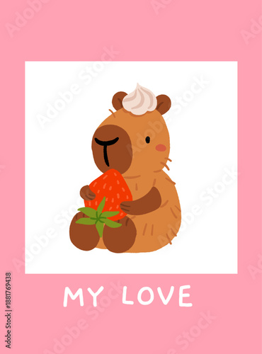 Vector flat illustration in a simple children's style on the theme of valentine's day. Cute capybaras with hearts and wings on white background. Love postcard for valentines day with capybara