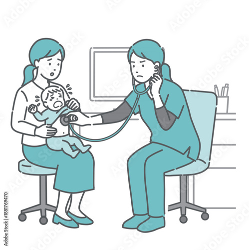 泣いている赤ちゃんと不安な母親を診察するスクラブの女性医療従事者のイラスト