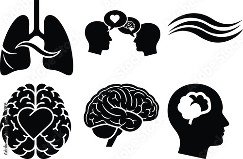Collection of black icons depicting human lungs brain and heart symbols representing health mental state and emotional connections