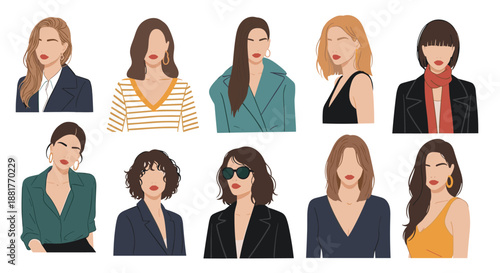 Collection of stylish women avatars with varied hairstyles and modern outfits shown without facial features for a contemporary look.