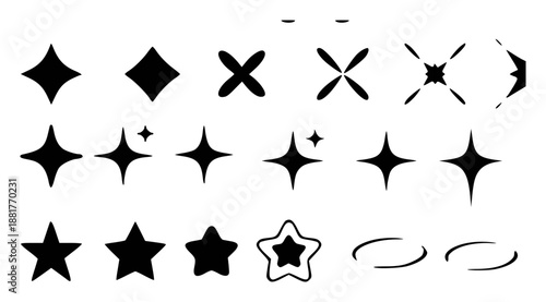 Collection of black starburst shapes diamond shapes and curved lines white sparkle shine