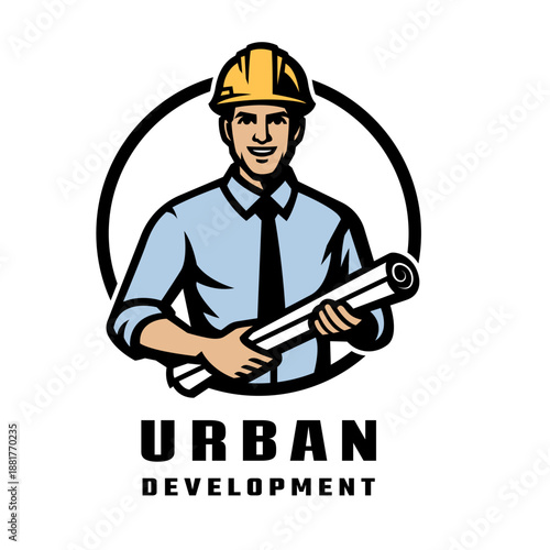 Urban construction logo. A man in a hard hat holding blueprints.