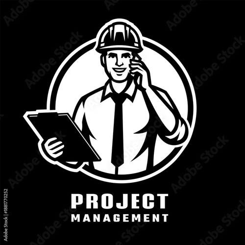 Project manager logo. A man in a hard hat talking on the phone. on dark background.