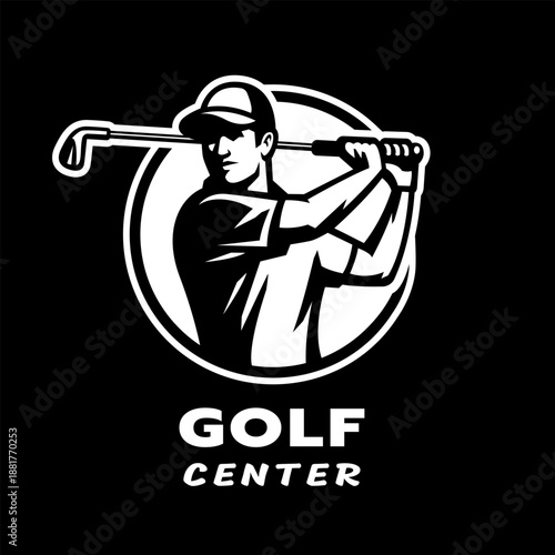 Golf center logo. A man with a golf club on dark background.