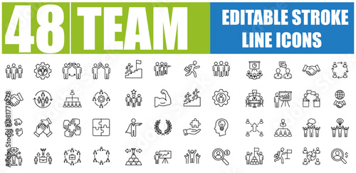 TEAM ICON SET - EDITABLE LINE ICONS FOR TEAMWORK, COLLABORATION, PEOPLE AND COMMUNITY - VECTOR ILLUSTRATION, SEO OPTIMIZED AND TOP RANKED IN ADOBE STOCK AND SHUTTERSTOCK