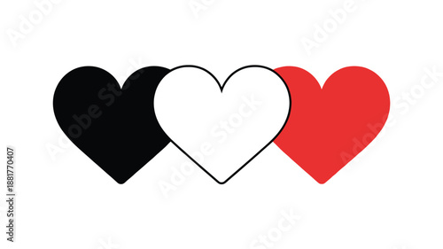 Hearts black white red arranged side by side white