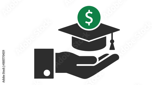 Hand holding graduation cap with dollar coin symbolizing education funding mortarboard