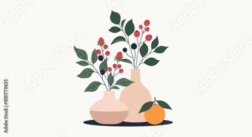 Still life illustration with two ceramic vases holding berry branches and a single orange with leaves on a light cream background.