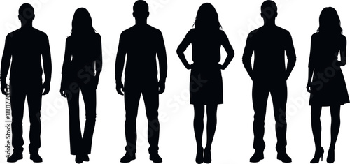 Men and Women Standing Silhouette Vector Set of Human Figures Isolated in Front View for Design Use