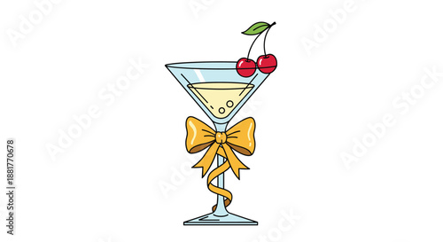Tall martini glass filled with a light yellow drink decorated with a large gold bow and two red cherries on the rim for a party.