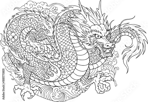 Anime dragon mythical beast in flying pose with elegant wings and horns for fantasy legend concept – Black and White Vector Illustration
