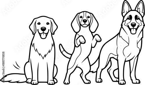 Dog group line art featuring three loyal hounds for children coloring book page and playful pet illustration – Black Vector Illustration