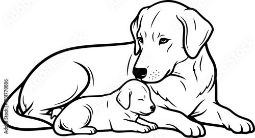 Dog mother and cute puppy line art featuring peaceful domestic animal pair for family love illustration – Black Vector Illustration