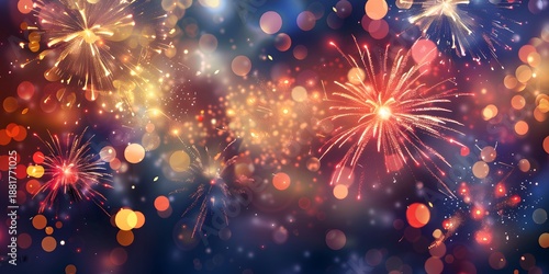 Vibrant fireworks display illuminating the night sky with bokeh lights