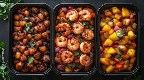 Three black containers with different stir-fry dishes