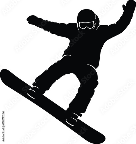 Silhouette of snowboarder performing trick on mountain with arms outstretched in air, dynamic winter sports action and lifestyle