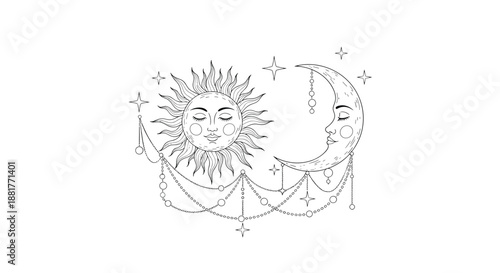 Mystical illustration of a sun and crescent moon with serene faces decorated with stars and hanging jewelry chains in a celestial style.