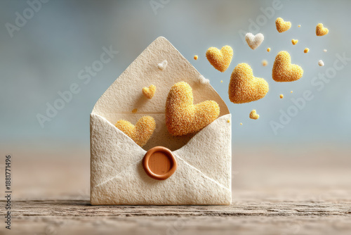 3D style image of a craft paper envelope floating in air, open and releasing flying, fluffy beige felt hearts upwards. Perfect Valentine's Day card, invitation, or social media post illustration.
