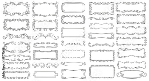 Extensive set of black and white decorative border elements and frames with various artistic swirls and patterns for stationery.