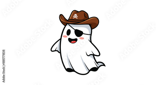 Adorable cartoon ghost character wearing a brown cowboy hat with a skull emblem and a black eye patch for halloween fun.