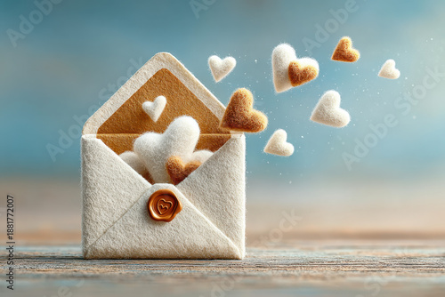 3D style image of a craft paper envelope floating in air, open and releasing flying, fluffy beige felt hearts upwards. Perfect Valentine's Day card, invitation, or social media post illustration.
