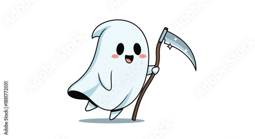 Adorable white cartoon ghost character playfully holding a large grim reaper scythe for halloween themed designs.