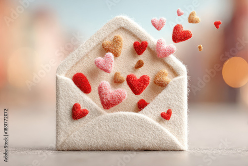 3D illustration of a craft paper envelope floating in air, open and releasing flying, fluffy red felt hearts upwards. Perfect for Valentine's Day card, invitation, or social media graphics.