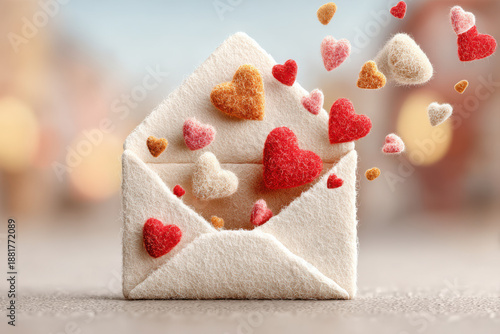 3D illustration of a craft paper envelope floating in air, open and releasing flying, fluffy red felt hearts upwards. Perfect for Valentine's Day card, invitation, or social media graphics.