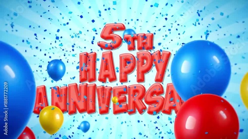 Happy 5th Anniversary Celebration with Colorful Balloons and Confetti Decoration