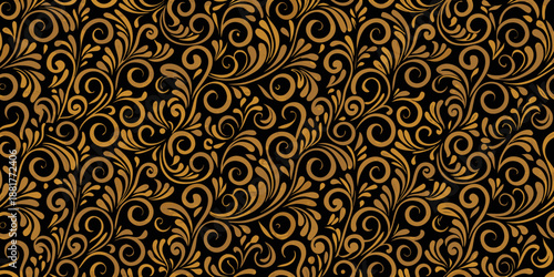 Elegant golden floral swirls and arabesques on a dark black background