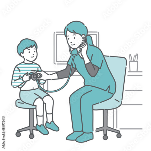 スクラブを着た女性医療従事者（医師・看護師）による男の子の聴診・診察のイラスト