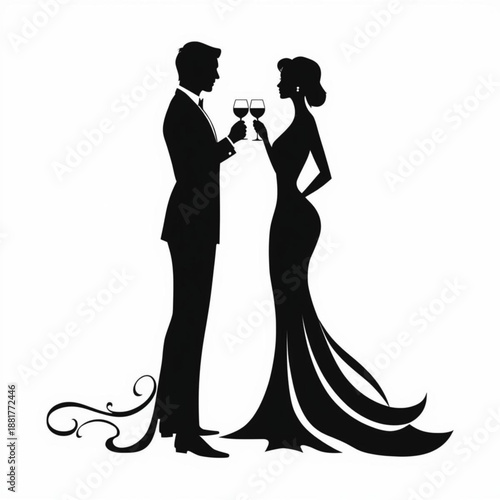 Silhouette illustration of a bride and groom dancing together at their wedding celebration