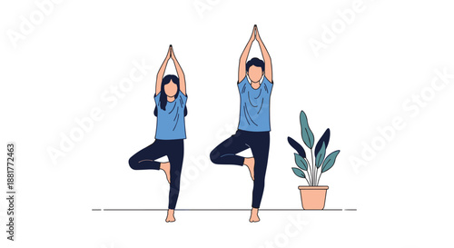 Father and daughter practicing yoga tree pose together in a bright room with a potted plant for health and wellness.