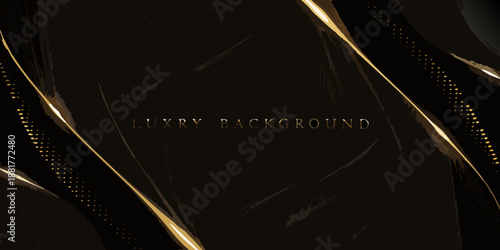 Elegant black and golden abstract background with flowing lines and sparkling details