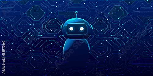 Cute robot stands amidst a glowing intricate network of digital circuitry