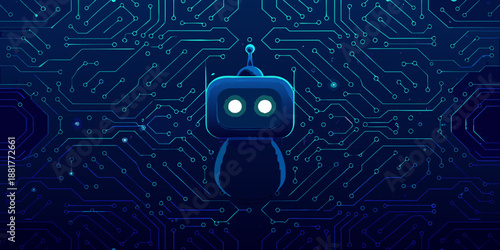 A cute robot stands in the center of a complex circuit board pattern