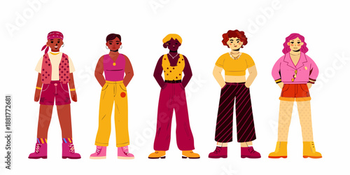 Diverse group of young women with different hairstyles and fashionable clothing