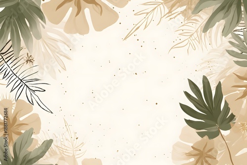 Soft watercolor tropical leaves and flowers border with copy space