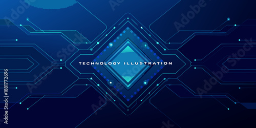 Abstract blue technology background with interconnected circuits and a central diamond shape
